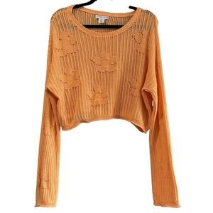 Festival Crochet Crop Sweater Peach Open Knit XL Summer Siren Long Sleeve Resort